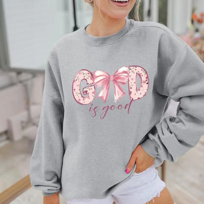KEEVICI God Is Good Christian Sweatshirts for Women Bow Jesus Cute Bible Verse Sweatshirt Faith Religious Graphic Hoodies - color: Light Gray, size: Large