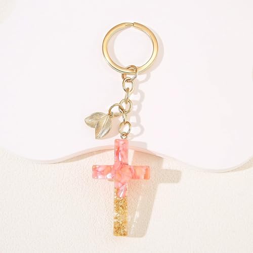 Angyape Cute Christian Cross Keychain for Women Purse Bag Charms Car Key Rings Accessories Flower Design Jesus Faith Gifts - color: I：pink