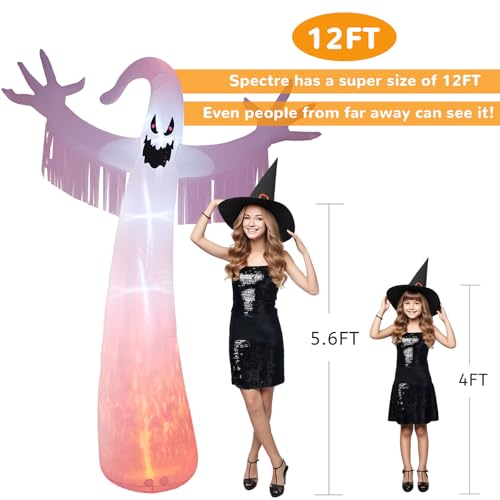 12FT Halloween Inflatables Outdoor Decorations: Inflatable Ghost with Fire Flame and Blinking Red Eyes, Blow up Decor for Yard Garden Lawn Home Holiday Party - style: White Ghost