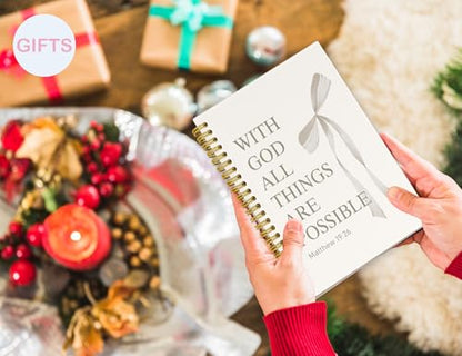 White Bible Journal for Women, A5 Spiral Christian Notebook & Study Supplies, Cute Hardcover Coquette Bow Diary with Scripture Matthew 19:26 for Church Notes, Prayer & Teen Girls, 5.5 x 8.3 Inch - color: (White) Matthew 19:26