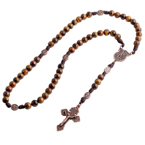 HanlinCC Stone Beads St.Michael Paracord Catholic Rosary with Bag for Men - style: Tiger Eyes