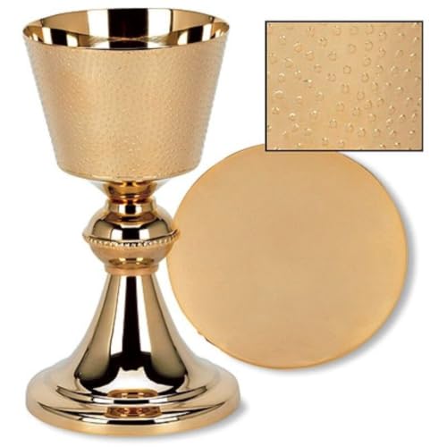 Church Gold Plated Brass Chalice & Paten, 14 Ounce, Hammered Finish - color: Hammered Finish
