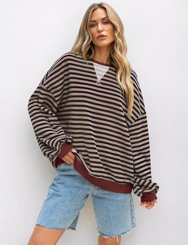 UEU Women Oversized Striped Crewneck Sweatshirt Long Sleeve Casual Pullover - color: Black Coffee Striped, size: Medium