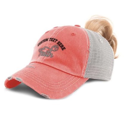 Ponytail Cap Women's Baseball Cap Embroidered Faith Christian Cross Faith Jesus Christ Cotton - color: Coral Personalized Text Here