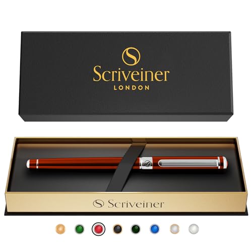 Scriveiner Deep Crimson Red Rollerball - Stunning Red Lacquer Luxury Pen with Chrome Finish, Schmidt Ink Refills, Roller Ball Pen Gift Set for Men & Women, Professional, Executive, Office, Nice Pens - color: 14. Crimson Red with Chrome