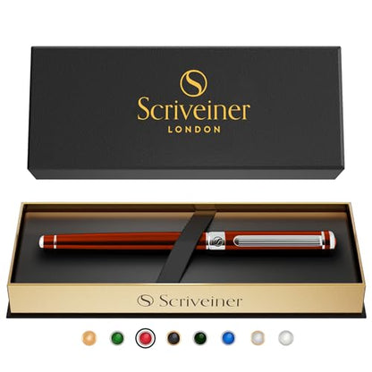 Scriveiner Deep Crimson Red Rollerball - Stunning Red Lacquer Luxury Pen with Chrome Finish, Schmidt Ink Refills, Roller Ball Pen Gift Set for Men & Women, Professional, Executive, Office, Nice Pens - color: 14. Crimson Red with Chrome