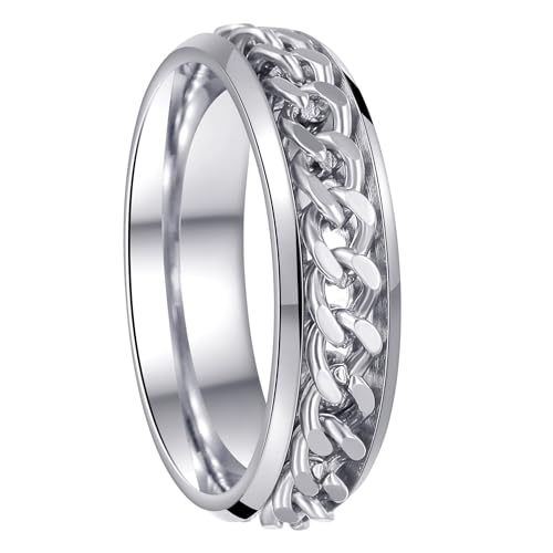 Mens Fidget Rings Anxiety Ring for Men 6mm 8mm Chain Spinner Ring Size 5-14 - color: Titanium Silver Silver