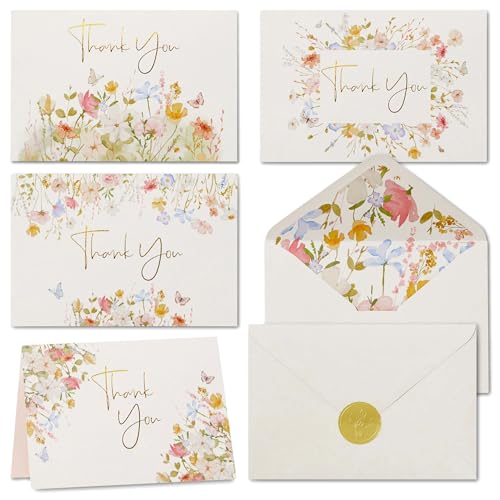 100 Floral Thank You Cards With Envelopes & Stickers - Pretty Wildflower & Gold Foil Assorted Greeting Notes pack for Wedding, Baby & Bridal Shower - Cute 4x6 Large Blank Flower Bulk Box Set