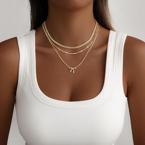 Layered Gold Necklace for Women, 14K Gold Plated Necklace Stack Set, Dainty Pendant Necklace Non Tarnish, Fashion Bow CZ Circle Star Hammered Cross Jewelry Gift for Women - color: Gold-06