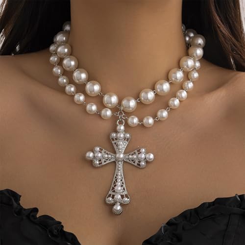 Pearl Cross Necklace Big Cross Pendants Necklaces for Women Chunky Pearl Necklace Gothic Cross Necklace Punk Vintage Cross Jewelry Women - style: Silver 02