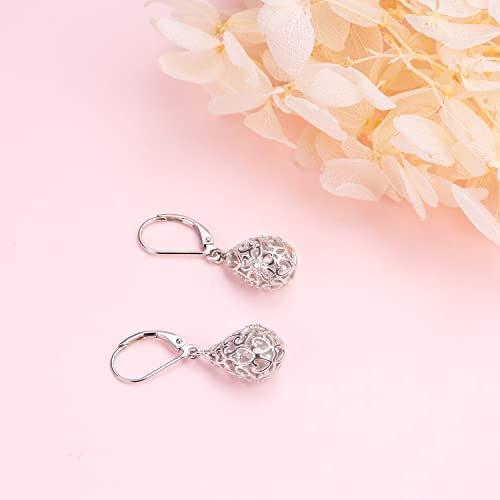 925 Sterling Silver Filigree Dangle Drop Leverback Teardrop Earrings - color: Cherry Blossoms Filigree