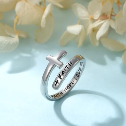 Cross Faith Ring,Sterling Silver Adjustable Open Faith Cross Religious Ring Christian with "Faith Hope Love" Inspiring Incentive Jewerly Gifts for Women