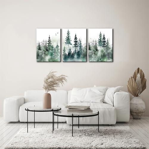 Pacimo Wall Art Misty Forest Green Mountain Painting on Canvas Wall Decorations for Living Room Stretched Framed Landscape Canvas Paintings 3 Piece Bedroom Wall Decor Office Home Decor - 12"x16"x3 - color: Wallart-04, size: 12"x16"x3 Panels