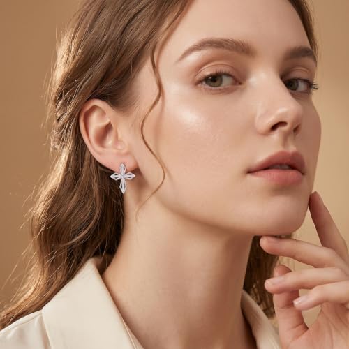 Sterling Silver Dainty Cross Earrings For Women, Christian Religious Faith Cubic Zirconia Stud Earrings - color: white