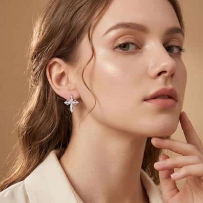 Sterling Silver Dainty Cross Earrings For Women, Christian Religious Faith Cubic Zirconia Stud Earrings - color: white