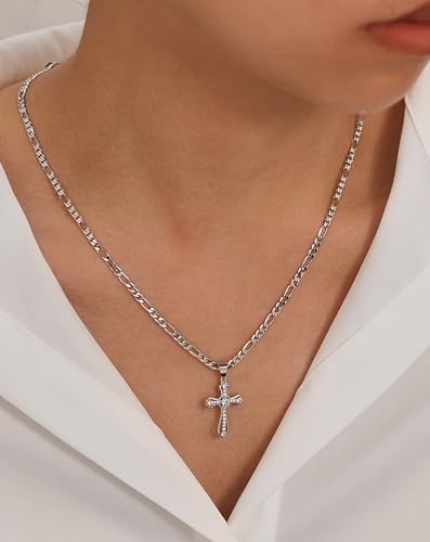 14K Gold Plated Cross Necklace for Women, Cubic Zirconia Copper Cross Pendant, Valentine Mother's Day Gifts for Her with Jewelry Box Figaro Link Chain, Alloy Infinity CZ Diamond Bridal Wedding - color: Silver