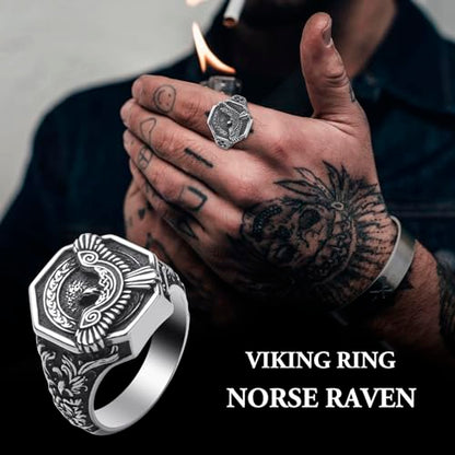 Viking Rings Stainless Steel Viking Norse Runes Wolf Raven Ring Jewelry for Men Women Size 7/8/9/10/11/12/13 - style: Viking Raven