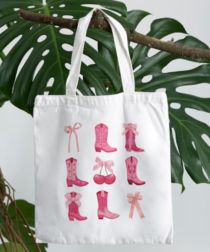 Coquette Bow Bible Canvas Tote Bag for Women Teens Teen Girls, Pink Bow Girls Tote Bag, Coquette Gifts - color: Cowgirl Boots