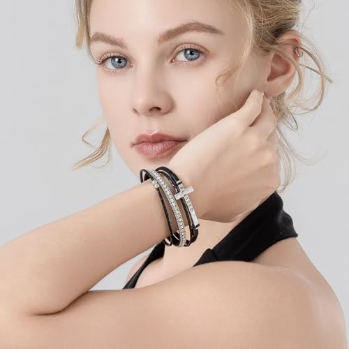 Christian Cross Leather Bracelets Boho Western Blessing Religious Jewelry - color: Black