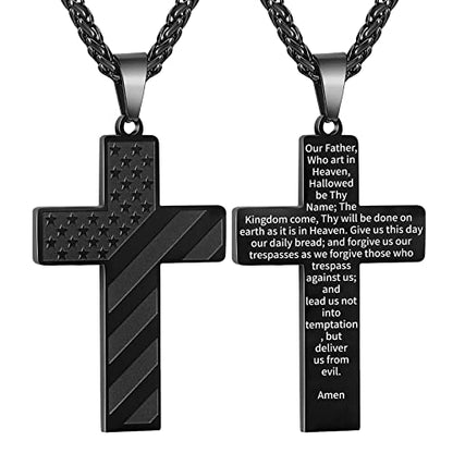 DuoDiner 18+2" Cross Necklace for Men Boys Christian Confirmation Gifts - color: Black, style: Lord's Prayer