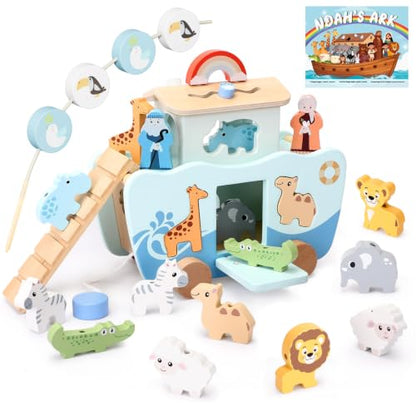 Hoarosall 27PCS Wooden Noah's Ark Montessori Toys for 1 Year Old Baby Boys Girls Christian Toys for Toddlers 1-3 Ideal Baptism Christmas & 1st Birthday Gifts - color: Blue