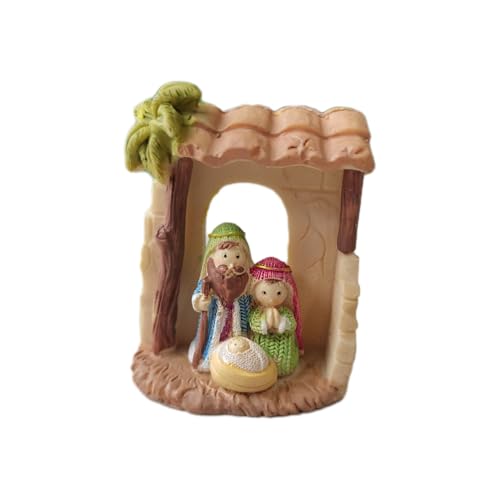 Holy Family Nativity Figurine Jesus Manger Scene Statue Miniature Mary Joseph Sculpture 3inch Mini Little People Figure Ornament for Holiday Party Home Tabletop Decor (Green) - color: Green