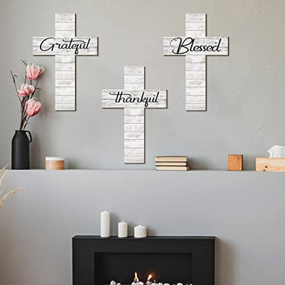 Yookeer 3 Pcs Thankful Grateful Blessed Cross Wood Wall Hanging Rustic