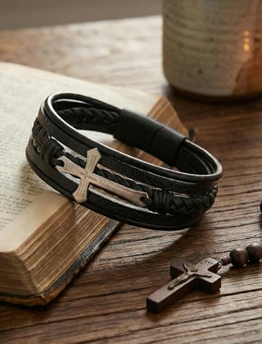 Mens Leather Cross Bracelet Multilayer Braided Wristband Bangle Bracelets with Stainless Steel Buckle Religious Gift for Men Brown/Black/Blue–8.3 inch - color: Style2, size: 8.3in(Fits most wrists)
