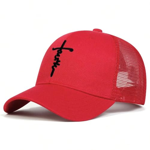 Embroidered Cross Baseball Cap, Christian Adjustable Snapback Hat for Men & Women, Structured Dad Hat with Jesus Faith Design - color: Trucker Red Hat Black Cross