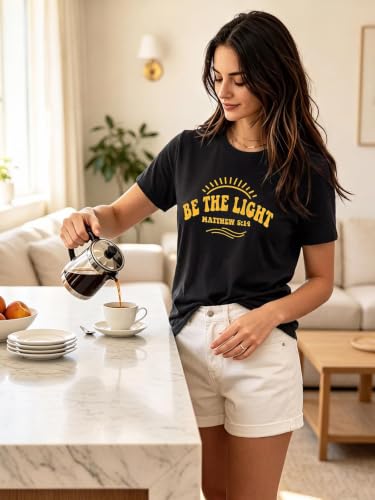 Christian Shirts for Women Be The Light Tshirts Crewneck Graphic Tees Tops - color: Black, size: Large