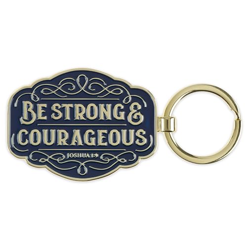 Christian Art Gifts Inspirational Scripture Keychain Accessory for Men & Women: Strong & Courageous Encouraging Bible Verse, Chic, Stylish & Sturdy for Key Rings, Lanyards, Backpacks, Navy Blue & Gold