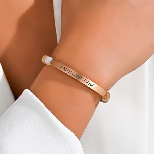 Inspirational Christian Bracelet for Women, Bamboo Leaf Agate Beaded Bible Verse Jewelry, 18K Gold Plated Religious Faith Gift, Scripture Encouragement Jewelry for Her - color: FAITH OVER FEAR-Bamboo Agate Rose Gold