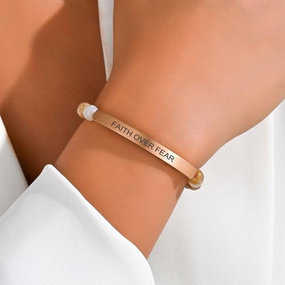 Inspirational Christian Bracelet for Women, Bamboo Leaf Agate Beaded Bible Verse Jewelry, 18K Gold Plated Religious Faith Gift, Scripture Encouragement Jewelry for Her - color: FAITH OVER FEAR-Bamboo Agate Rose Gold