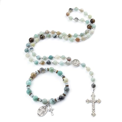 Rosary for Men Women, Natural Stone Beads with St. Benedict Bracelet - color: Amazonite