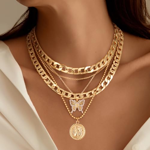 MJartoria Layered Necklaces for Women Trendy Retro Coin Pendant - color: Golden, style: A-X-Hollow Butterfly-5 in 1 Layered