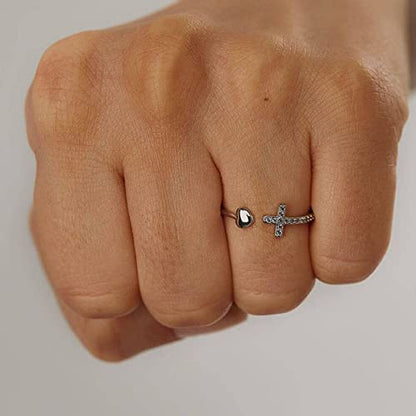 Harlermoon To My Daughter Pray Through It Cross Ring Double Cross Adjustable Baptism Gold CZ Diamond Creative Wedding Commitment Ring for Woman - color: silver style 2-to my daughter