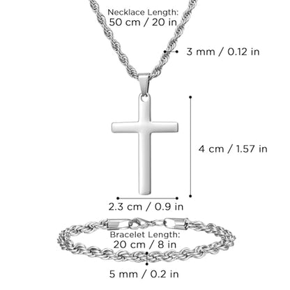 NORBU Stainless Steel Cross Necklace and Bracelet Set for Men, Cuban Link - color: Silver Rope