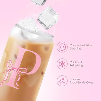 SANDJEST Monogrammed Glass Drinking Can Cup with Acrylic Lid and Straw, Personalized Frosted Iced Coffee Tumbler 16oz, Monogram Initial Gifts for Women Girls on Birthday (P) - color: P