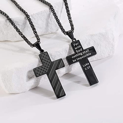 DuoDiner 18+2" Cross Necklace for Men Boys Christian Confirmation Gifts - color: Black, style: Luke 1:37