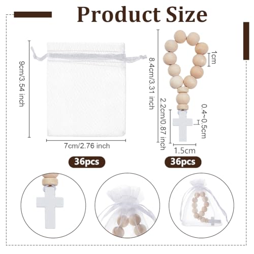 OLYCRAFT 36Pcs Wooden Rosary Beads with White Cross Pendant 3.7 Inch Long Wooden Finger Rosary Bead with Cross Classic Mini Rosaries and Mesh Bags Natural Wood Beads for Guests Party Favors - color: White Cross