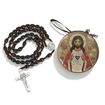 Wooden Catholic Rosary Beads, Rosarios Catolicos with Decorative Prayer Box - color: Brown (7)