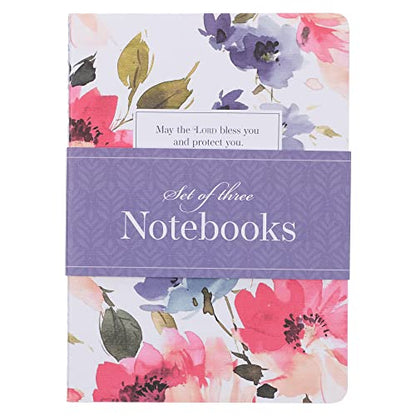 Christian Art Gifts Notebook Set: The Lord Bless You - Num. 6:24, Gifts for Women, Slim Notebooks, Cardstock, Bible Verse, Flexible Cover, Lined Paper, 64 Pages Each, Floral, Pink/Purple, Set/3 Large