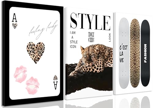 Trendy Leopard Canvas Wall Art Set of 3,Preppy Cheetah Prints Wall Room Decor,Fashion Skateboard Female Aesthetic Wall Decor Posters,for Girls Bedroom Dorm Apartment Decoration 12x16in Framed - color: Black Skateboard Cheetah, size: 16"Lx12"W