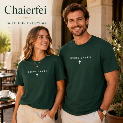 Christian Jesus Saves Cross T Shirt Subtle Minimal Religious Faith Tee Bible Verse Scripture Christian Clothing Unisex - color: Dark Green, size: Small