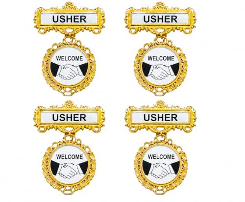 Church Usher Badge Pin Set of 4 – Premium Golden Metal Welcome Usher Name Badges with Secure Pin Back, Large Easy-to-Read Hospitality Ministry Identification for Church Greeters, Volunteers, Conferences & Events