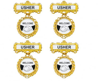 Church Usher Badge Pin Set of 4 – Premium Golden Metal Welcome Usher Name Badges with Secure Pin Back, Large Easy-to-Read Hospitality Ministry Identification for Church Greeters, Volunteers, Conferences & Events