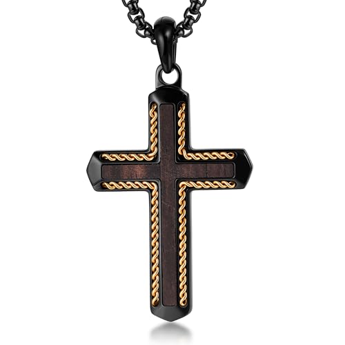 Wooden Cross Necklace for Men With Stainless steel And Black Ebony Adjustable Box Chain 24–26 inches Suitable for Everyday Wear And Christian Gifts for Men - color: Black-J