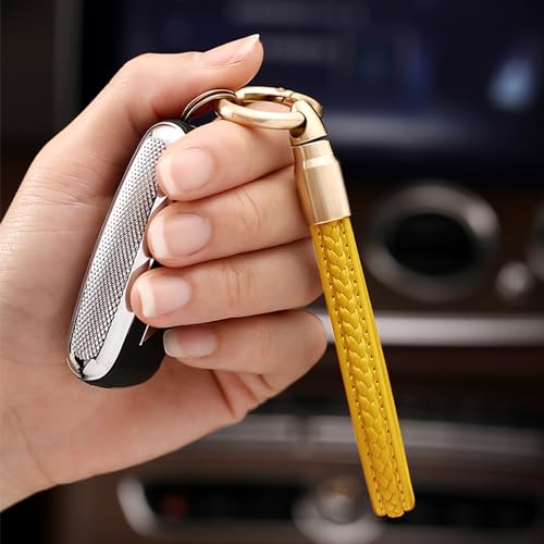 Genuine Leather Keychain for Car Home Key Ring Strap Holder Lanyard Women Men - color: Yellow-b