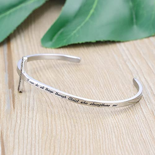 Memgift 𝐂𝐫𝐨𝐬𝐬 𝐁𝐫𝐚𝐜𝐞𝐥𝐞𝐭 Religious Cuff Bangle 𝐁𝐢𝐛𝐥𝐞 𝐕𝐞𝐫𝐬𝐞 Christian Gifts Jewelry for 𝐖𝐨𝐦𝐞𝐧 - style: Silver cuff-I can do all things through Christ who strengthens me -Philippians 4:13