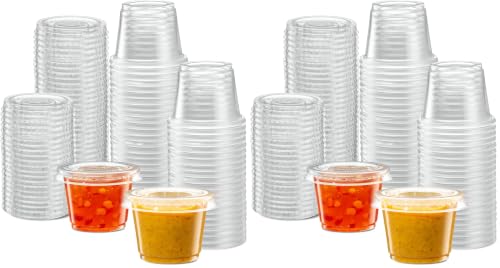 ELEGANT DISPOSABLES (1 oz - 100 Sets Clear Diposable Plastic Portion Cups With Lids, Small Mini Containers For Portion Controll, Jello Shots, Meal Prep, Sauce Cups, Slime, Condiments, (Pack of 2) - color: Clear, size: 1 Ounce (Pack of 2)